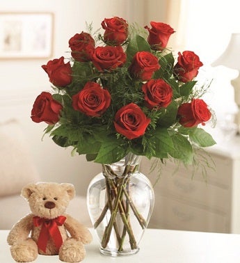 Dozen Red Roses with Plush Bear
