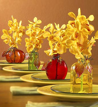 Colored Bottles with Orchids by Julie Mulligan