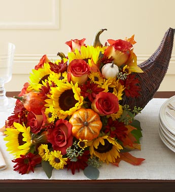 rose, sunflower, daisy, salal in cornucopia basket