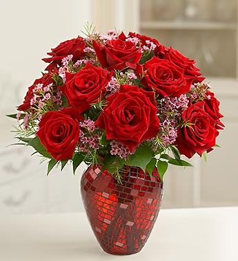 /one dozen red roses in ruby mosaic vase