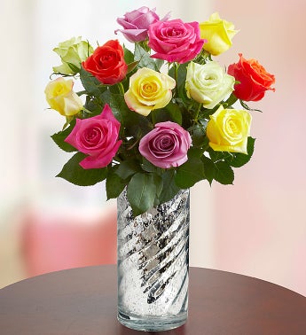 One Dozen Assorted Roses + Free Vase
