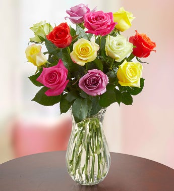 One Dozen Assorted Roses + Free Vase