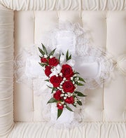 Red and White Satin Cross Casket Pillow