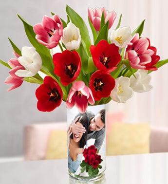 Personalized Vase with Vibrant Tulips, 15 Stems